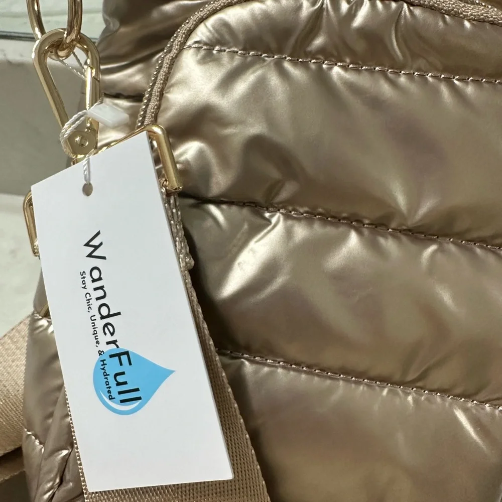 WonderFull Quilted Metallic Taupe Crossbody Bag with Wide Strap, NWT - Picture 6 of 9